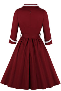 Wine Red Surplice Long Sleeves A-line Vintage Dress