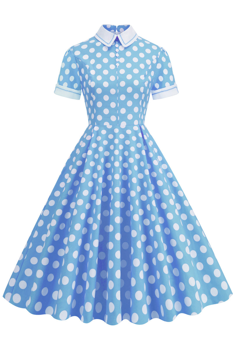 Blue Shirt Collar Dot A-line Dress