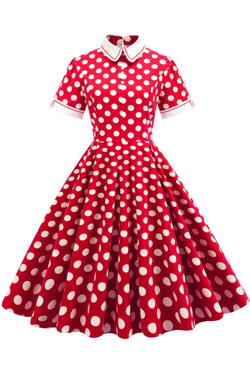 Red Shirt Collar Dot A-line Dress