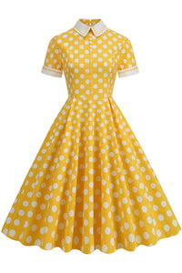 Yellow Shirt Collar Dot A-line Dress