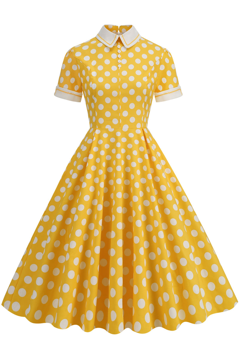 Yellow Shirt Collar Dot A-line Dress