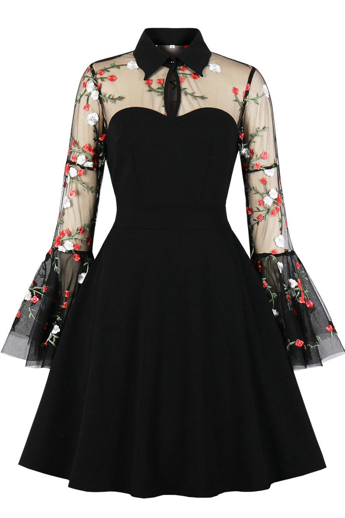Black A-line Illusion Bell Sleeves Embroidery Vintage Dress