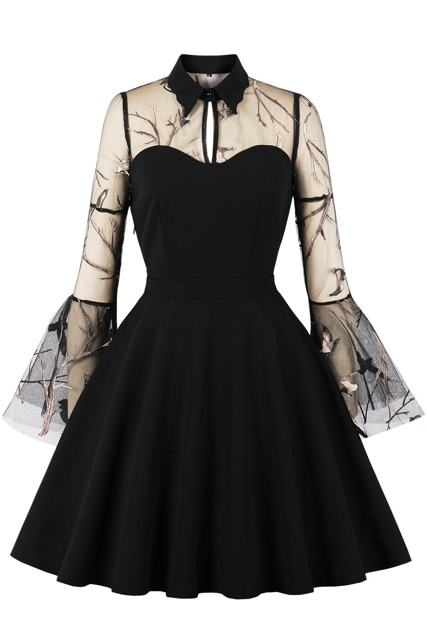 Black A-line Illusion Bell Sleeves Embroidery Vintage Dress
