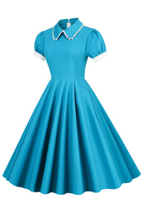 Blue Jay Ruffled Doll Collar A-line Dress with Short Sleeves