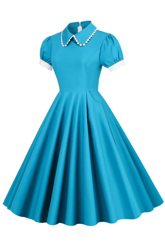 Blue Jay Ruffled Doll Collar A-line Dress with Short Sleeves