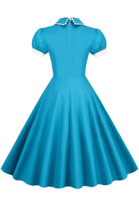 Blue Jay Ruffled Doll Collar A-line Dress with Short Sleeves