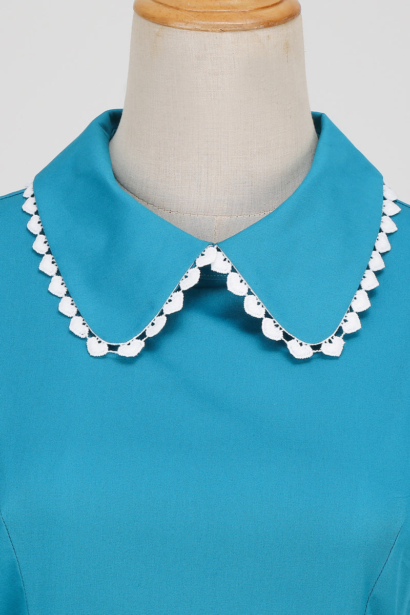 Blue Jay Ruffled Doll Collar A-line Dress with Short Sleeves