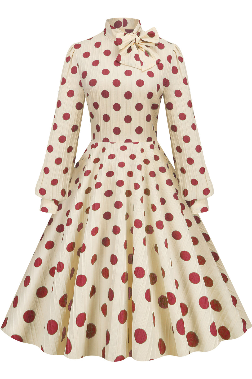 Vintage Apricot High Neck Long Sleeves Red Dot Dress with Bow