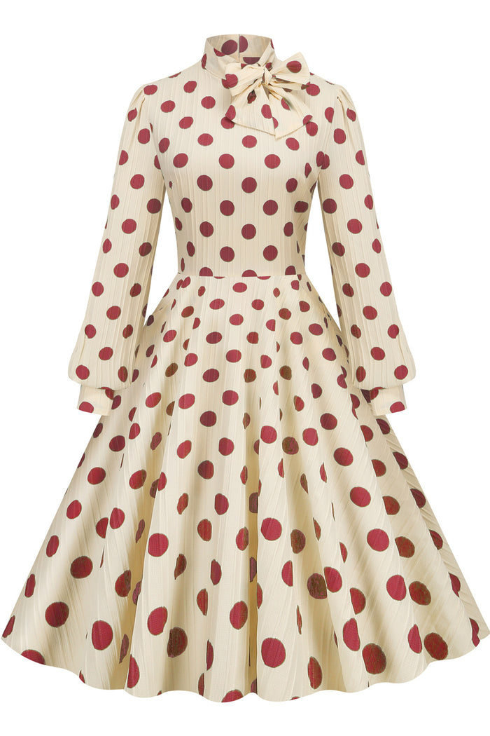 Vintage Apricot High Neck Long Sleeves Red Dot Dress with Bow