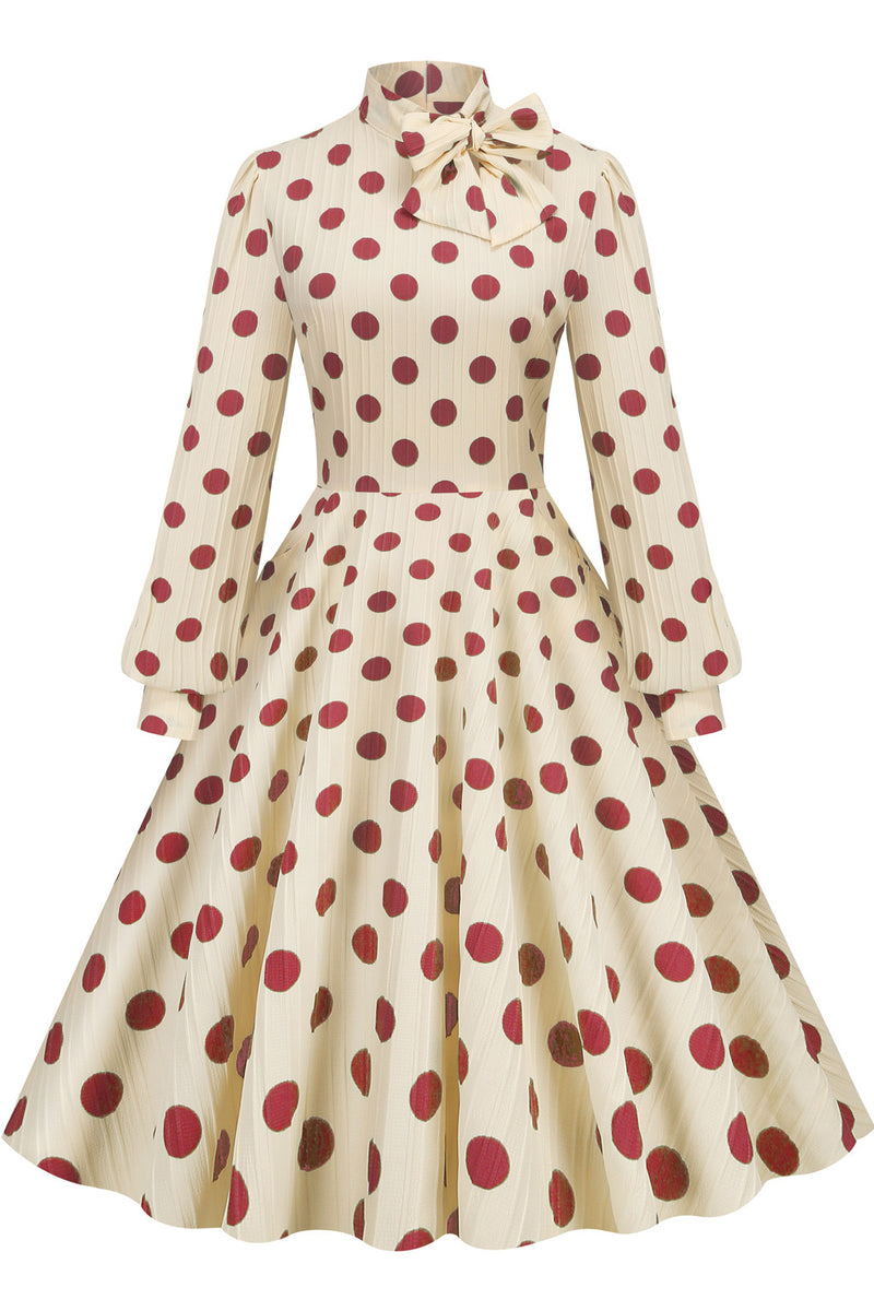 Vintage Apricot High Neck Long Sleeves Red Dot Dress with Bow