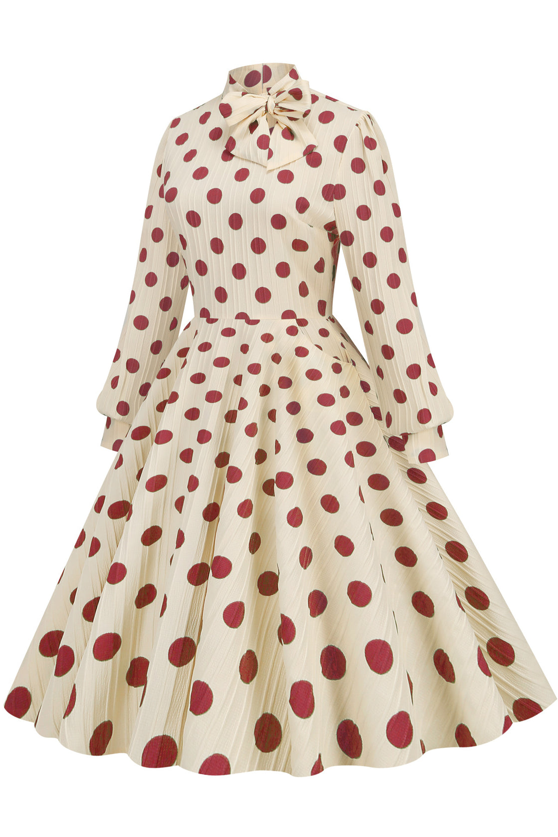 Vintage Apricot High Neck Long Sleeves Red Dot Dress with Bow