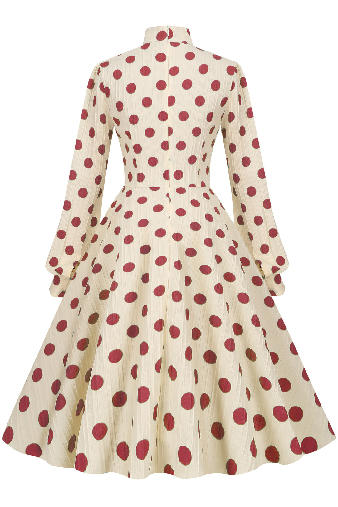 Vintage Apricot High Neck Long Sleeves Red Dot Dress with Bow