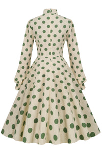 Vintage Apricot High Neck Long Sleeves Green Dot Dress with Bow