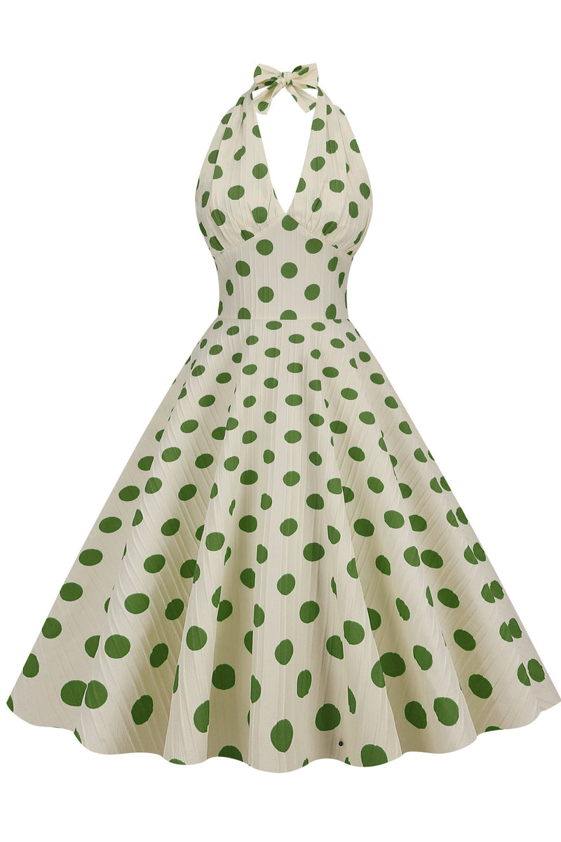 Herbene Apricot Bow Tie Halter Green Dot A-line Dress