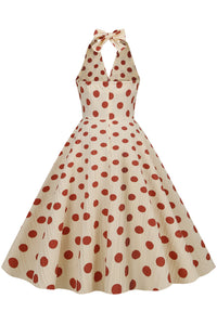 Herbene Apricot Bow Tie Halter Red Dot A-line Dress