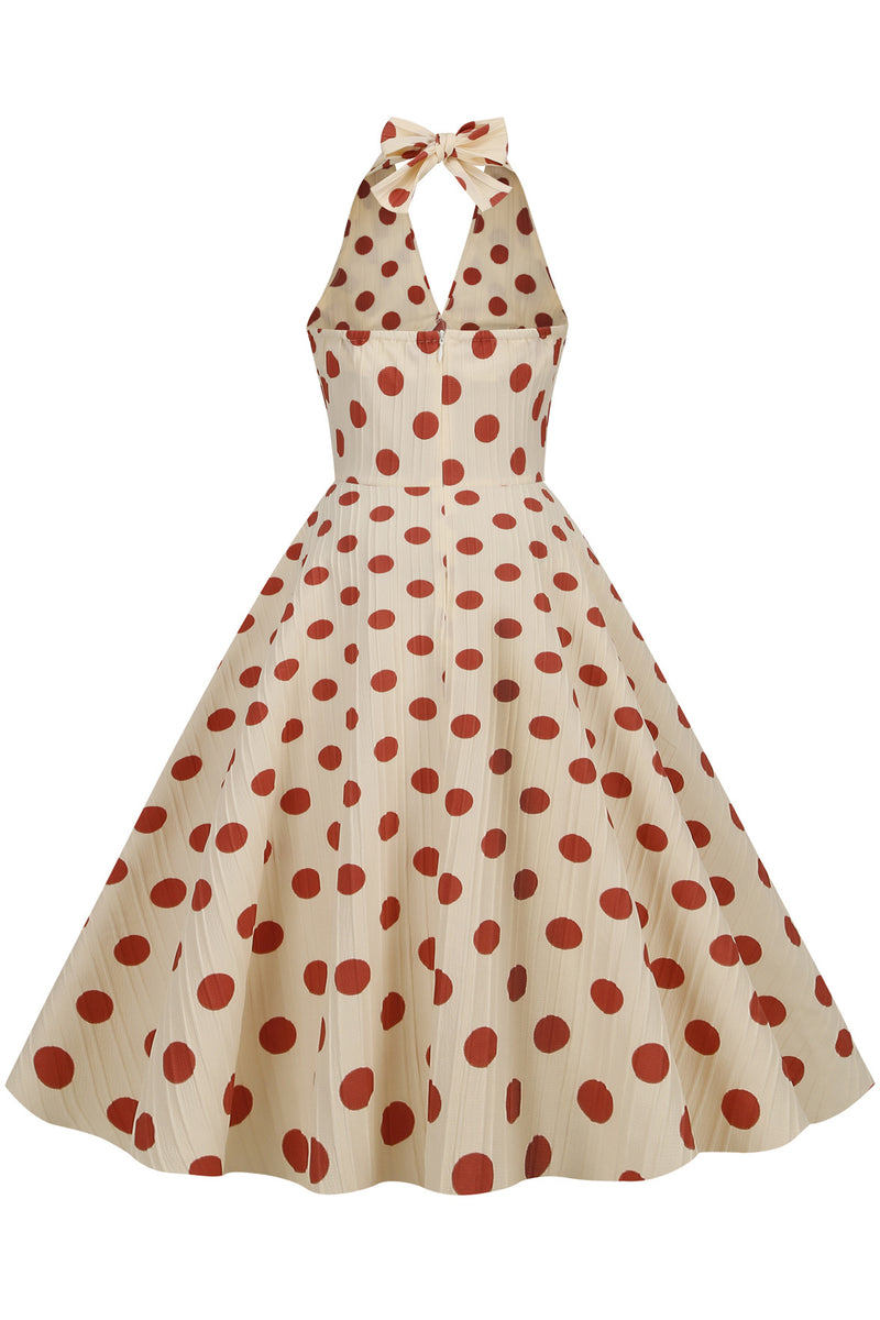 Herbene Apricot Bow Tie Halter Red Dot A-line Dress