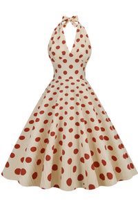 Herbene Apricot Bow Tie Halter Red Dot A-line Dress