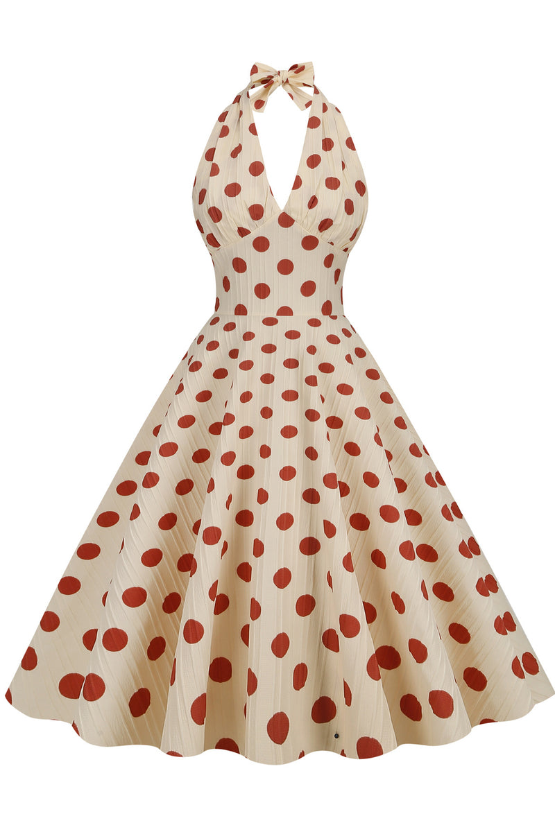 Herbene Apricot Bow Tie Halter Red Dot A-line Dress