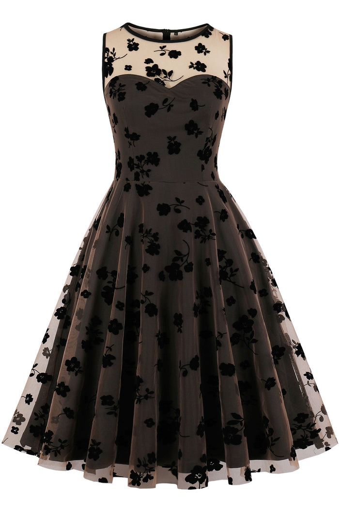 Coffee Illusion Neck Sleeveless A-line Embroidery Vintage Dress