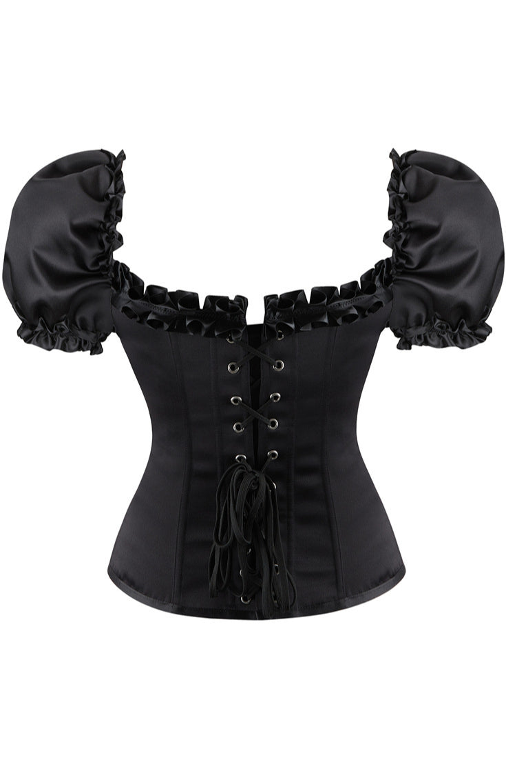 Black Puff Sleeves Lace-Up Corset Top