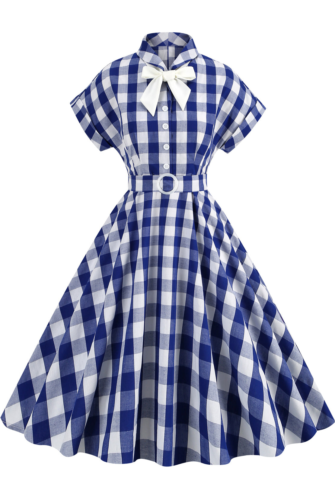 Herbene Blue Plaid Dress with Tie