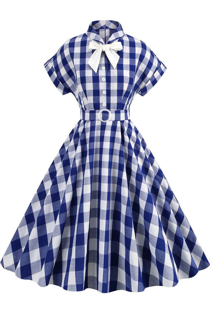 Herbene Blue Plaid Dress with Tie