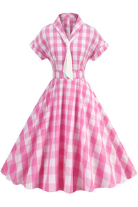 Herbene Pink Plaid Dress with Tie