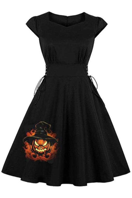 Helloween Black A-line Embroidery Lace-Up Vintage Dress