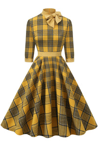 Yellow High Neck Long Sleeves A-Line Plaid Dress with Bow