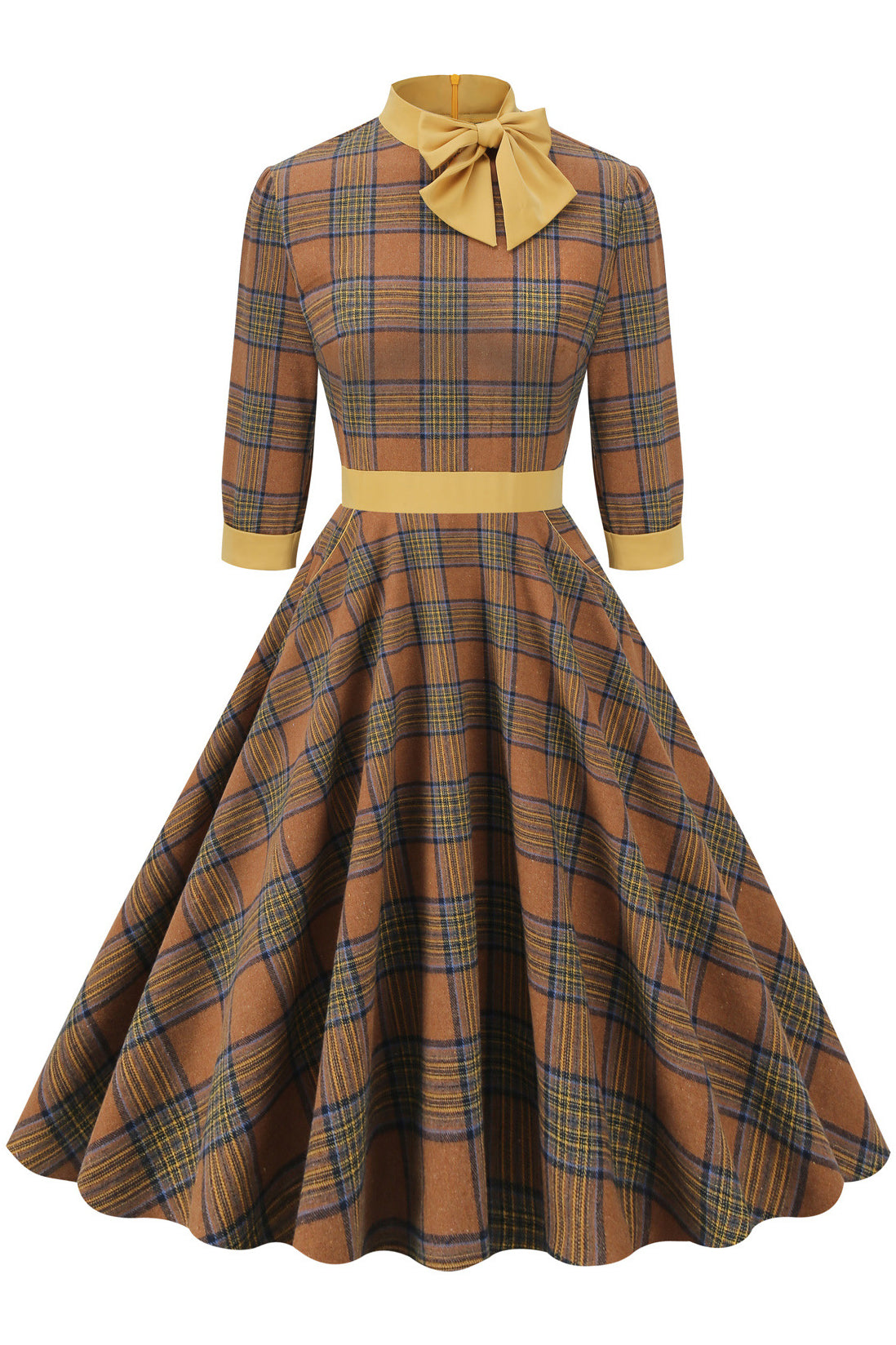 Coffee High Neck Long Sleeves A-Line Plaid Dress with Bow