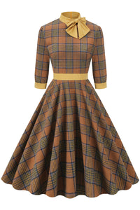 Coffee High Neck Long Sleeves A-Line Plaid Dress with Bow