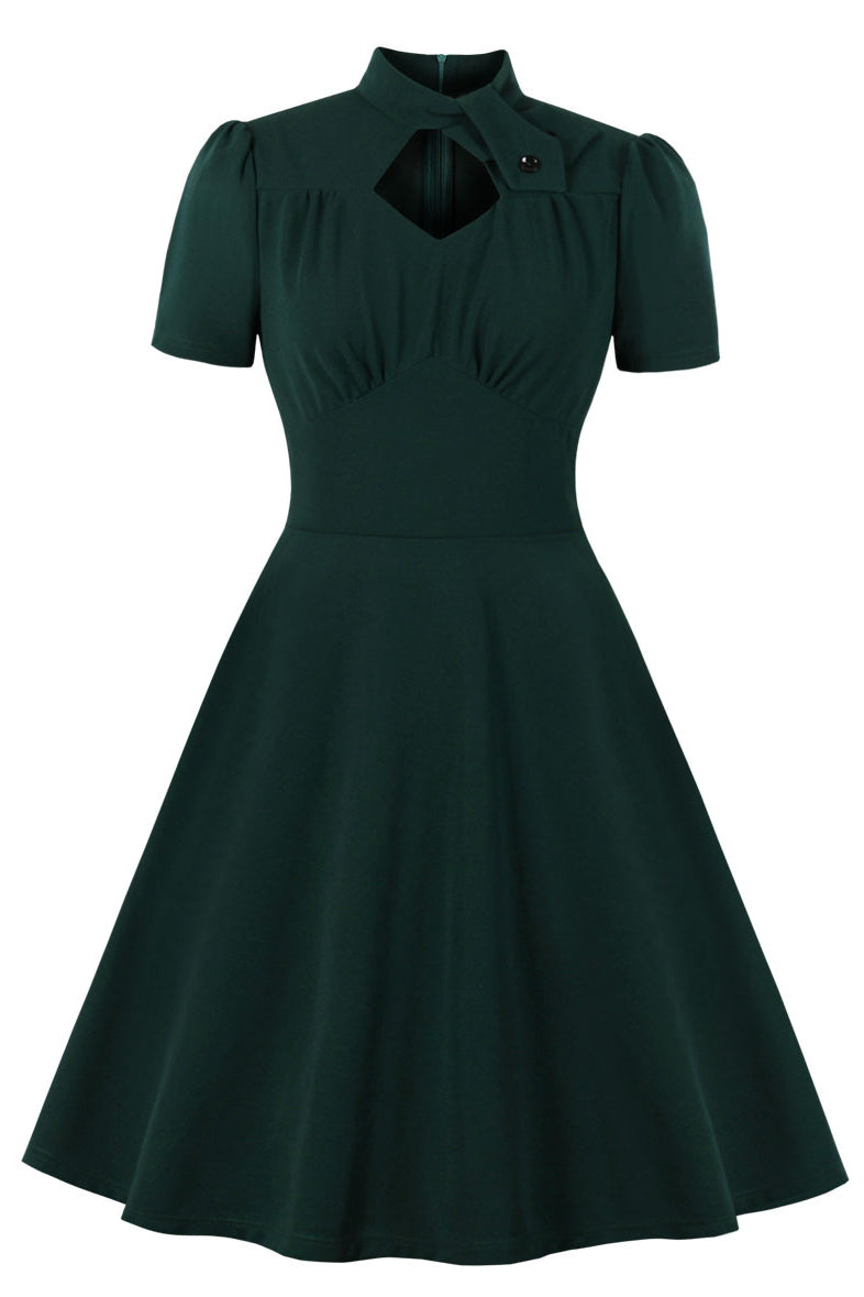 Dark Green High Neck A-line Keyhole Vintage Dress