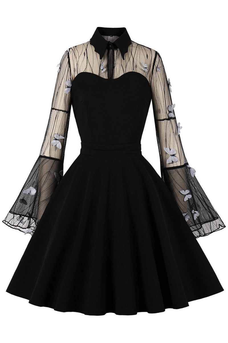 Black 3D Butterfly Bell Sleeves Shirt Collar A-line Vintage Dress