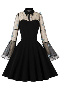 Black 3D Butterfly Bell Sleeves Shirt Collar A-line Vintage Dress