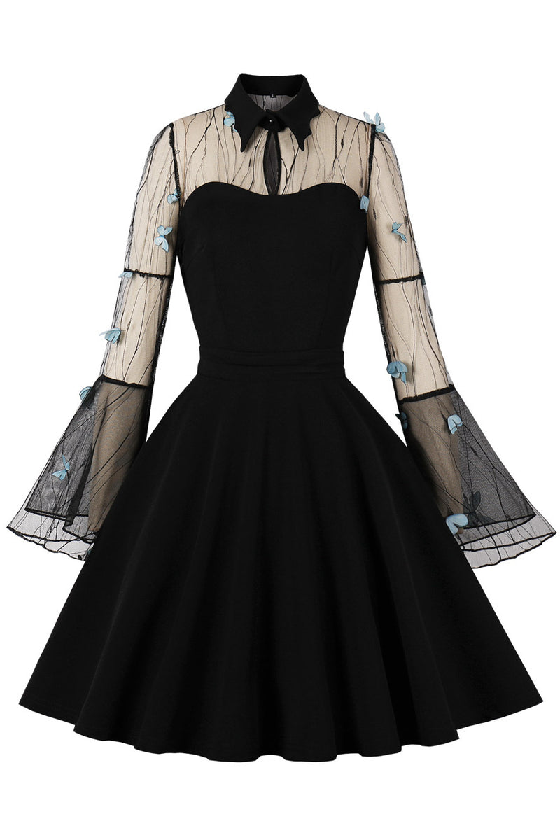 Black 3D Butterfly Bell Sleeves Shirt Collar A-line Vintage Dress