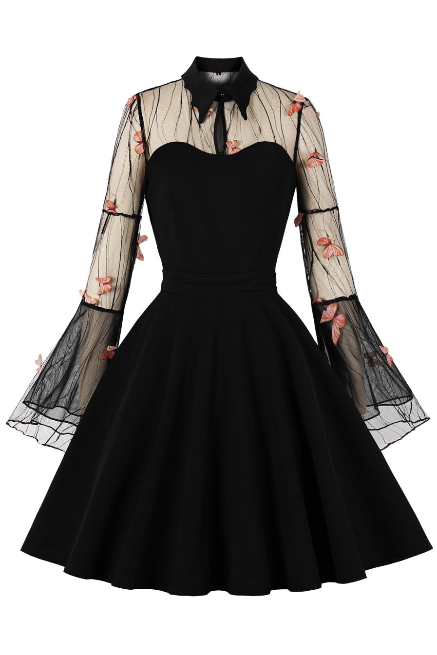 Black 3D Butterfly Bell Sleeves Shirt Collar A-line Vintage Dress