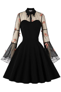 Black 3D Butterfly Bell Sleeves Shirt Collar A-line Vintage Dress
