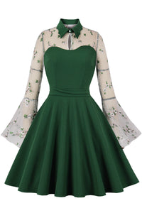 Halloween Black High Neck Illuson Bell Sleeves A-line Embroidery Vintage Dress