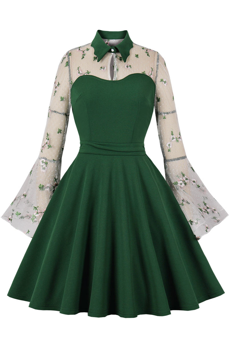 Halloween Black High Neck Illuson Bell Sleeves A-line Embroidery Vintage Dress