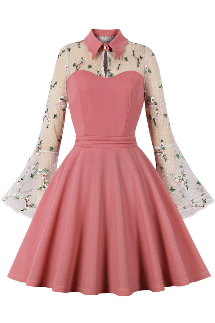 Halloween Black High Neck Illuson Bell Sleeves A-line Embroidery Vintage Dress