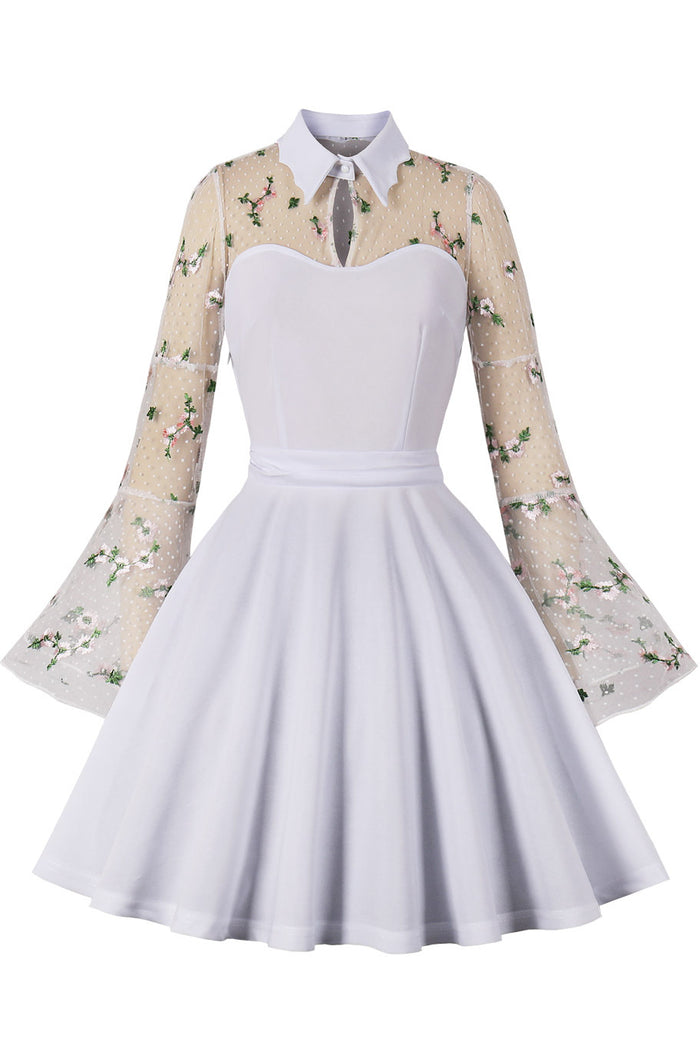 Halloween Black High Neck Illuson Bell Sleeves A-line Embroidery Vintage Dress