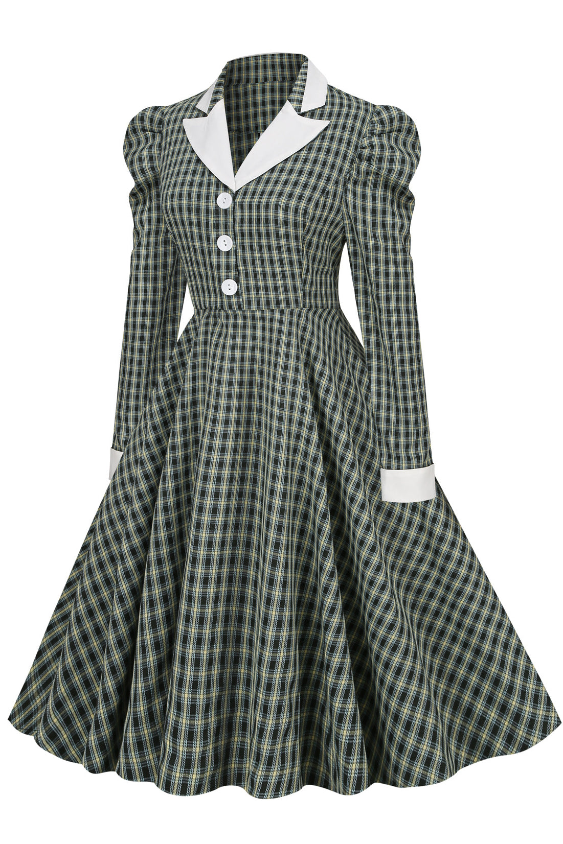 Dark Green Lapel Long Sleeves A-line Plaid Dress 