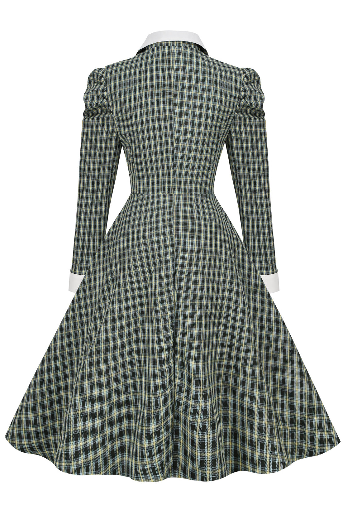 Dark Green Lapel Long Sleeves A-line Plaid Dress 