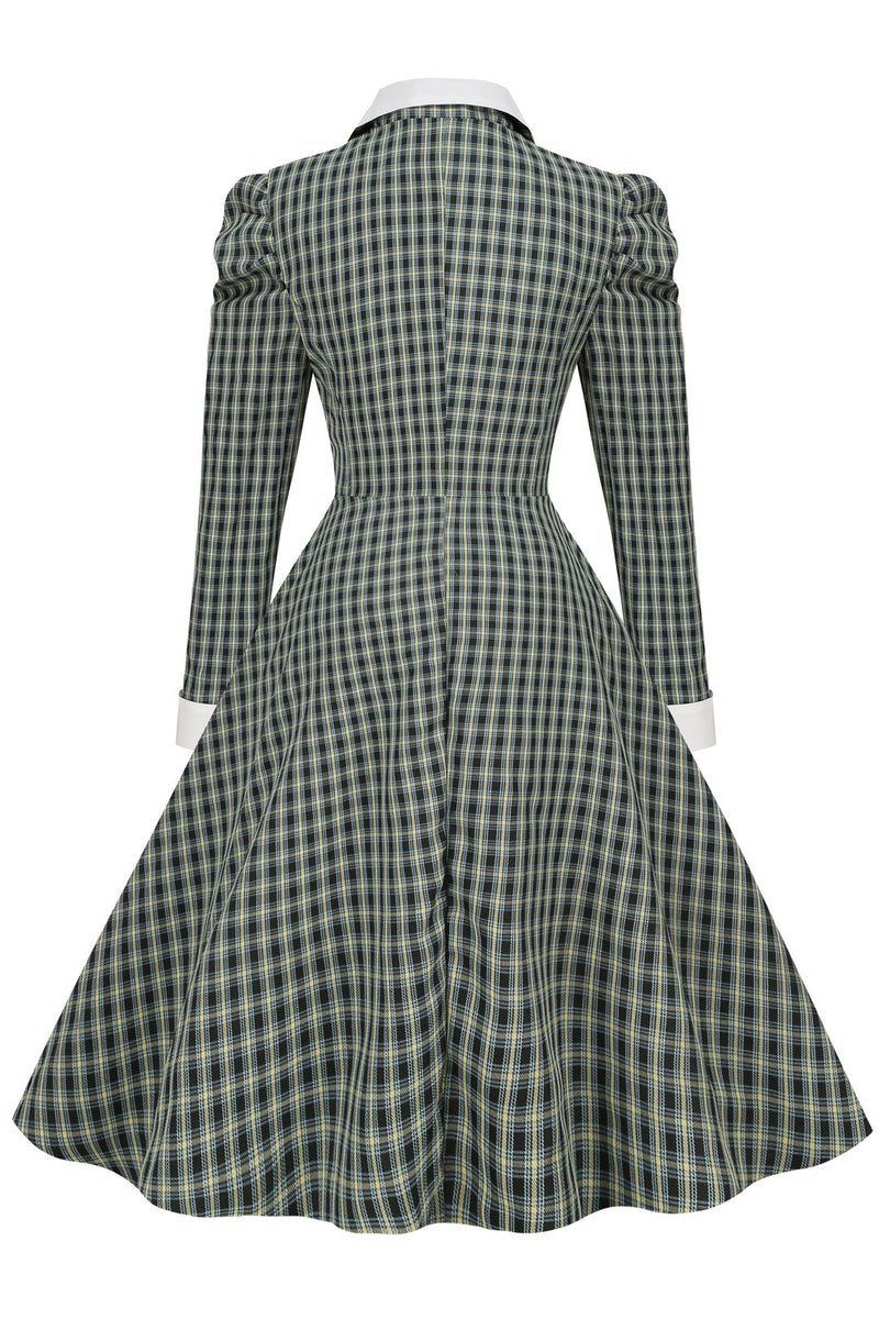 Dark Green Lapel Long Sleeves A-line Plaid Dress 