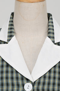 Dark Green Lapel Long Sleeves A-line Plaid Dress 