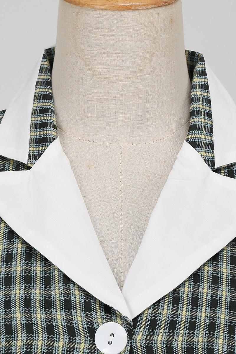 Dark Green Lapel Long Sleeves A-line Plaid Dress 