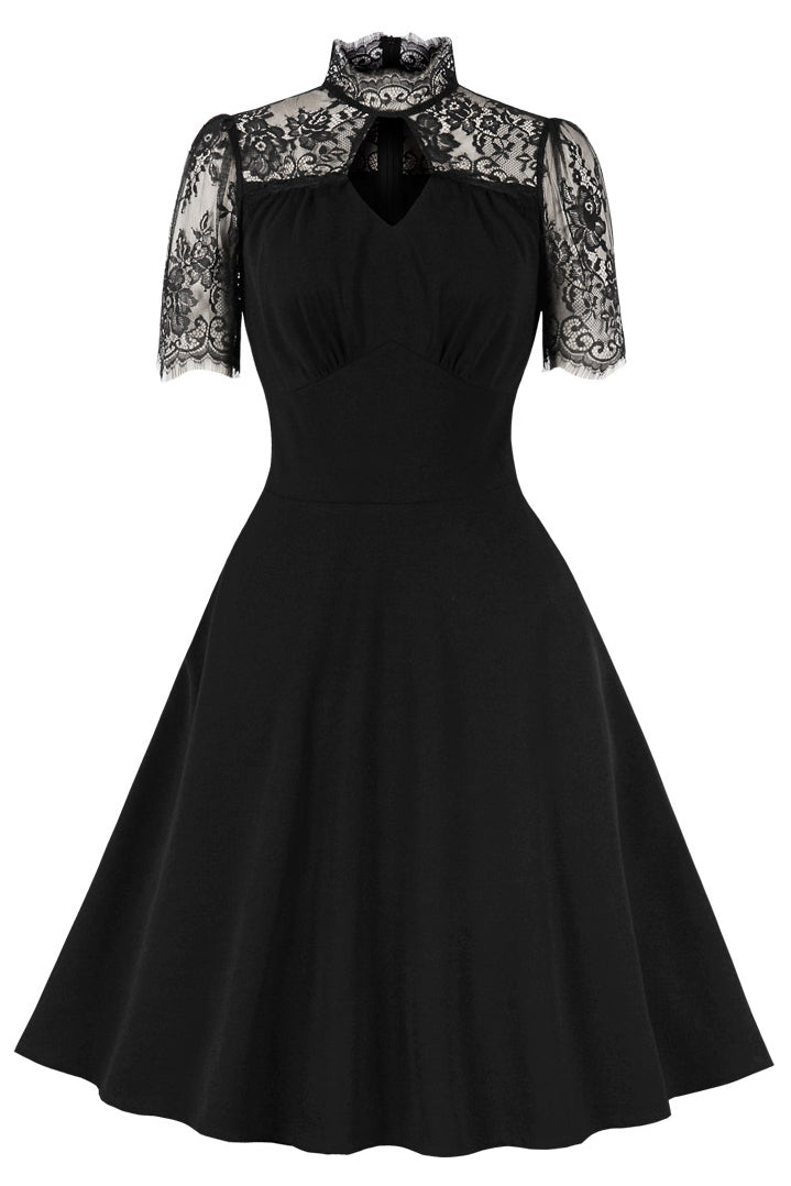 Black Lace Neckline Short Sleeves A-line Vintage Dress