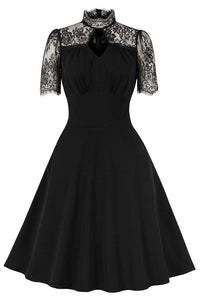 Black Lace Neckline Short Sleeves A-line Vintage Dress