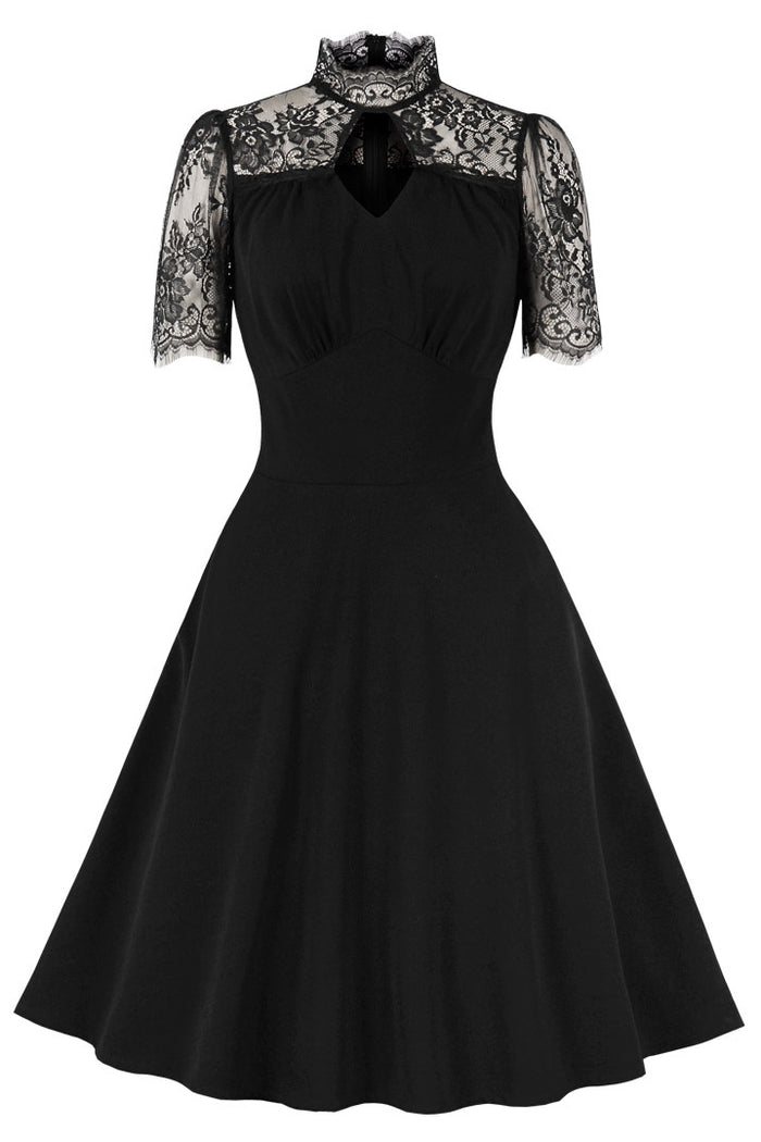 Black Lace Neckline Short Sleeves A-line Vintage Dress