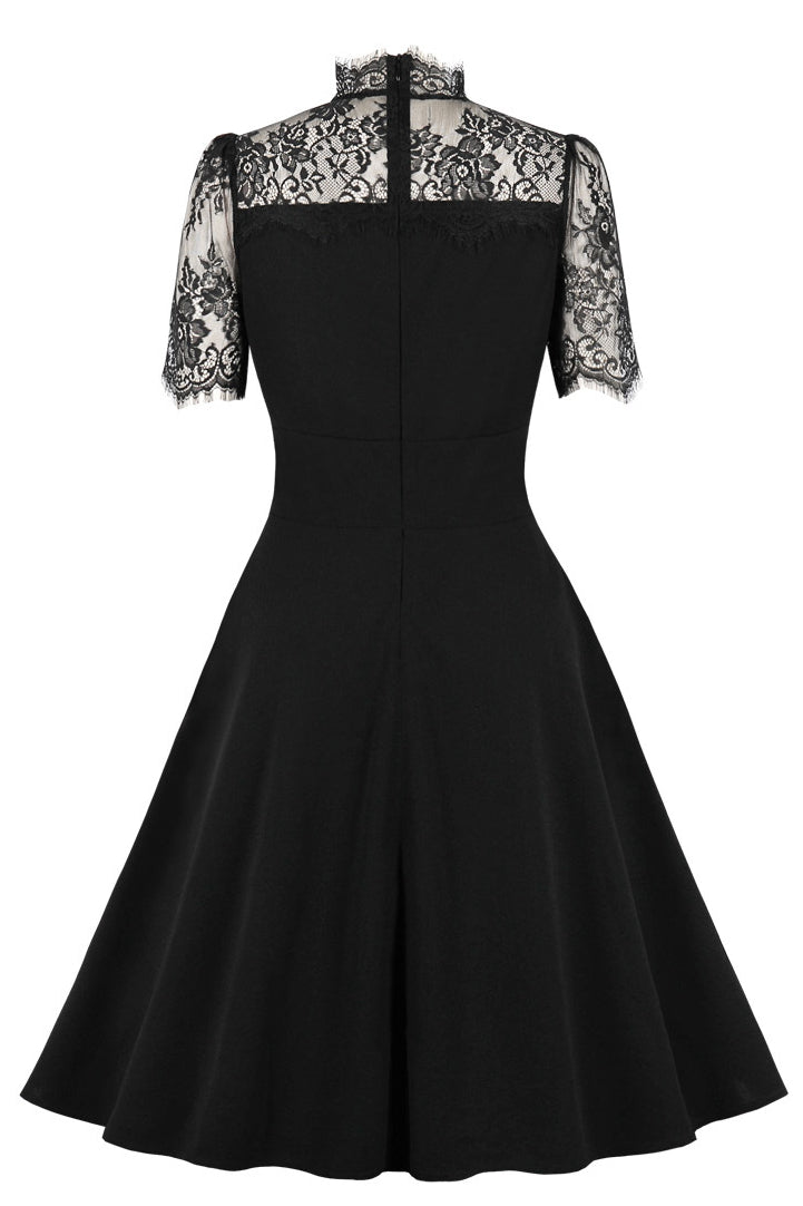 Black Lace Neckline Short Sleeves A-line Vintage Dress